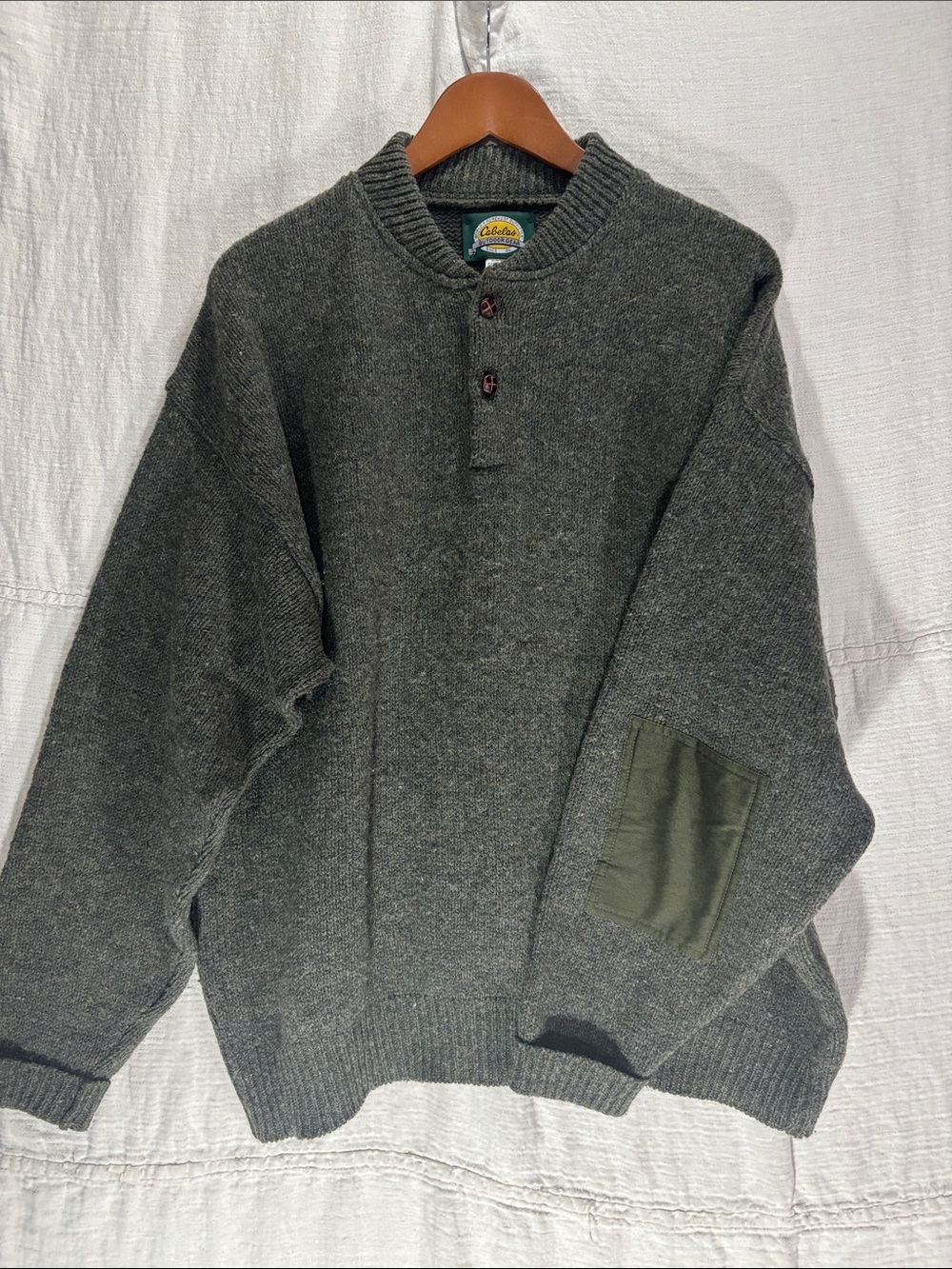VTG Cabela's 100% Wool Henley Sweater Mens XL Olive Green Elbow Patches USA